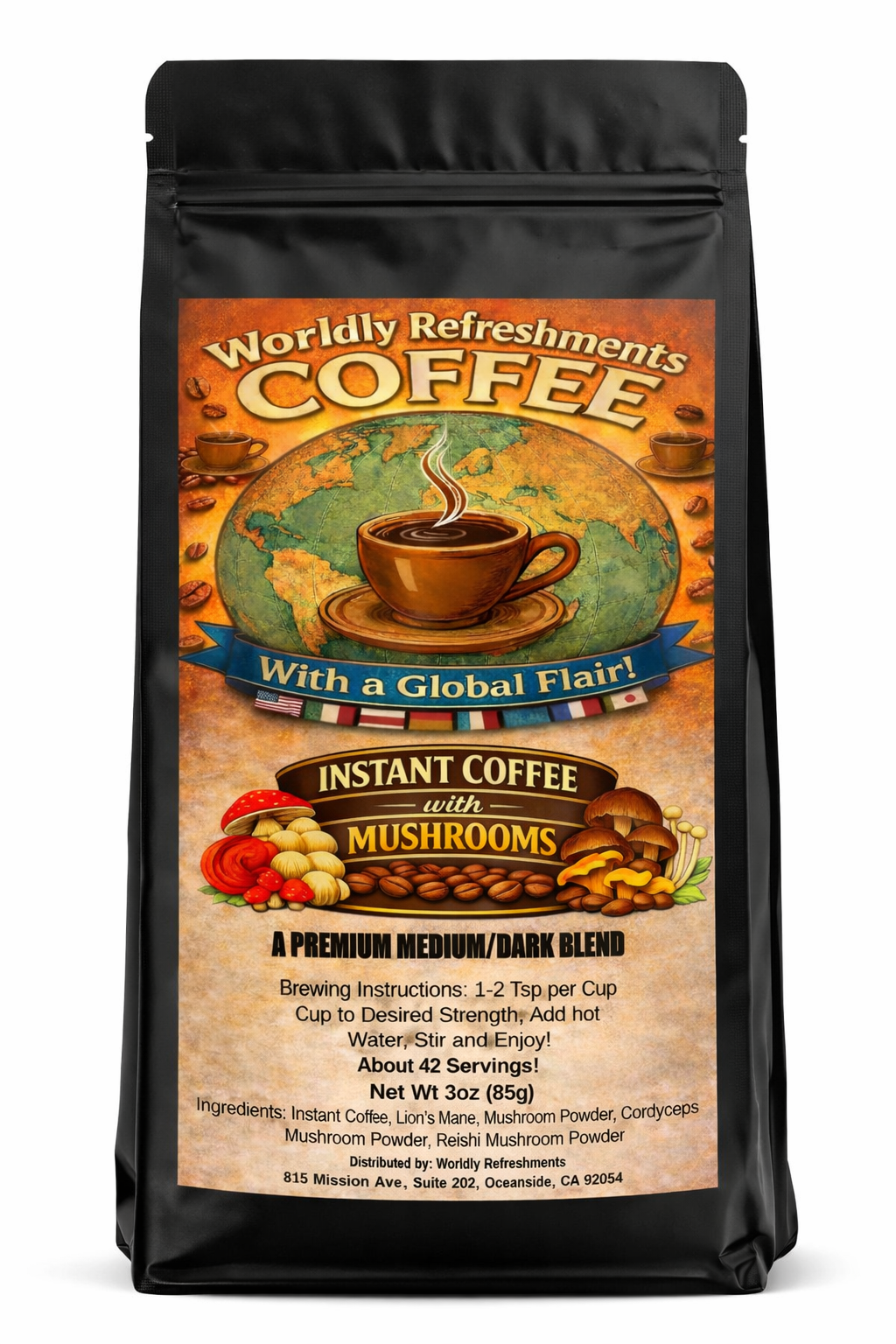 Instant Coffee with MUSHROOMS 3 Oz. Bag, Medium/Dark Roast