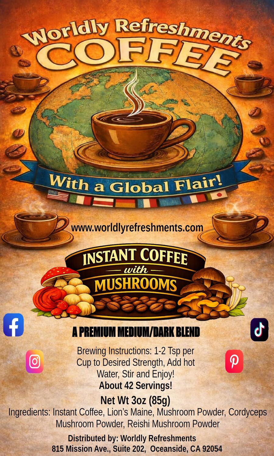 Instant Coffee with MUSHROOMS 3 Oz. Bag, Med/Dark Roast