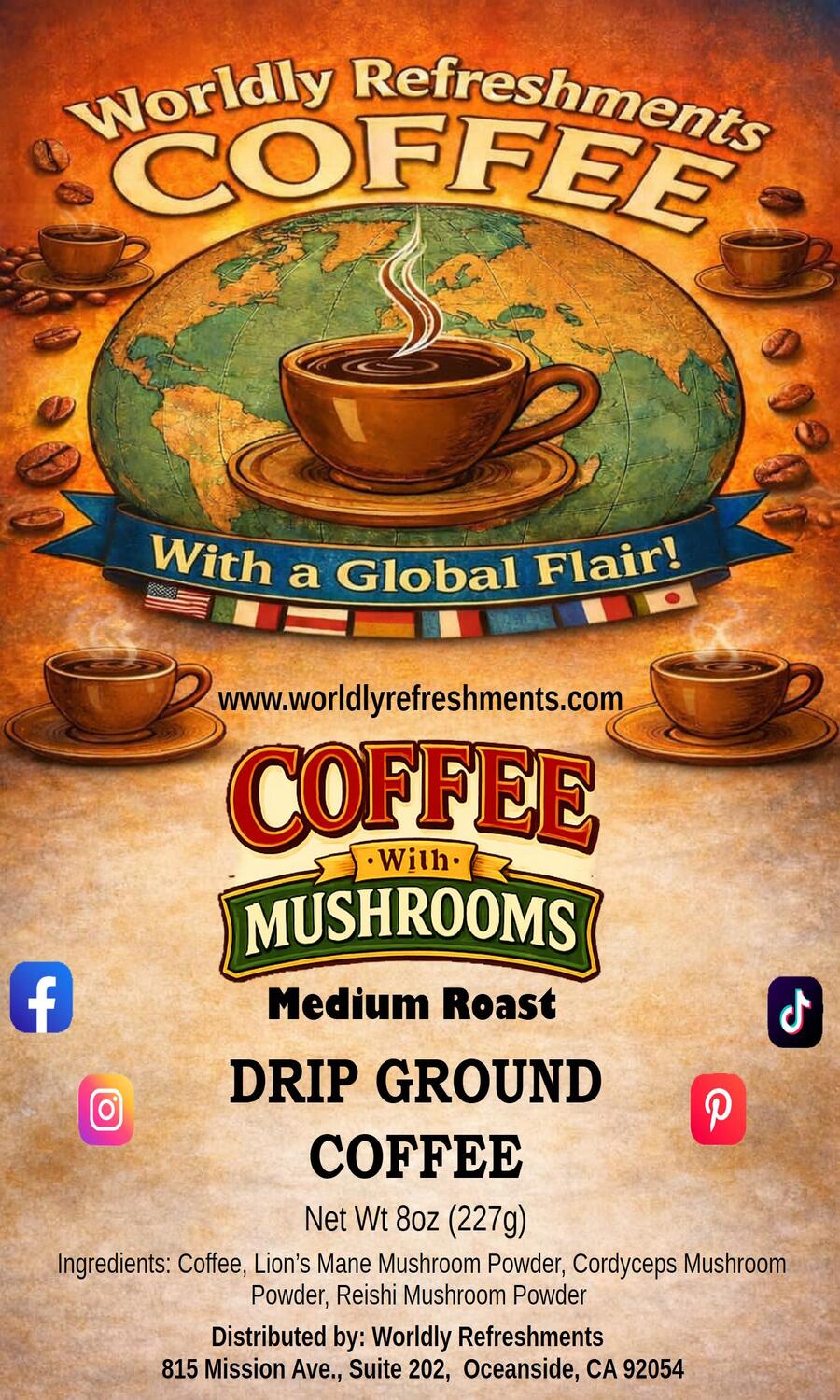 Coffee with MUSHROOMS 8 Oz. Bag, Med Roast